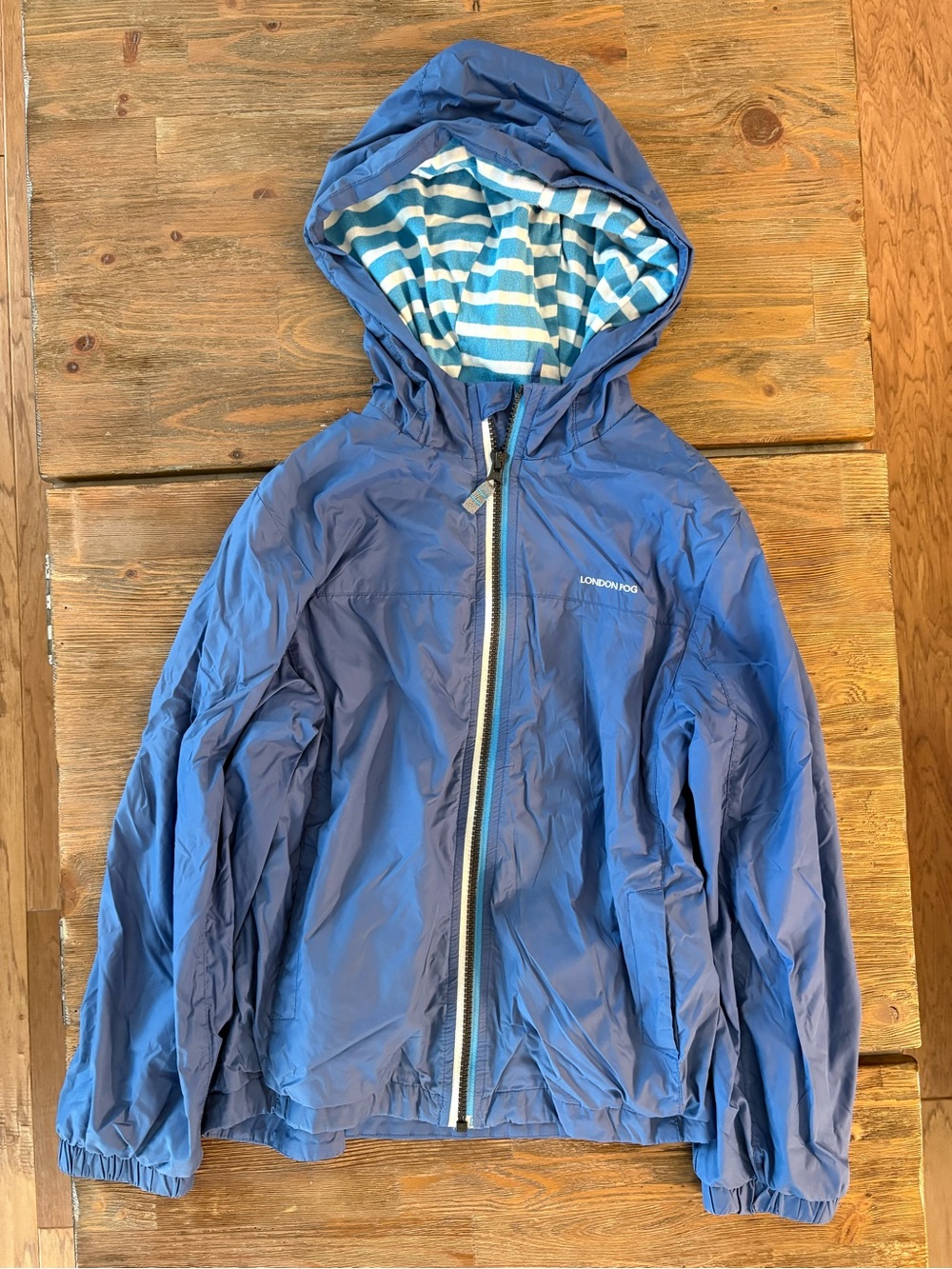 London Fog Boys Size 8 Blue Striped Cotton Lined Hooded Windbreaker Jacket